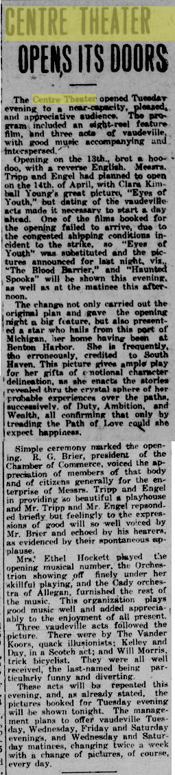 Centre Theater - Apr 14 1920 Article On Opening